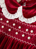 Load image into Gallery viewer, Christmas Burgundy Velvet Baby Girl Smocked Pearl Romper
