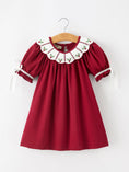 Load image into Gallery viewer, Christmas Holly Embroidered Girls Dress Petals Collar Puff Sleeve
