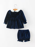 Load image into Gallery viewer, Girls Christmas Navy Velvet Smocked Top And Bloomers Outfit
