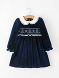 Load image into Gallery viewer, Christmas Tree Girls Navy Velvet Smocked Lace Dress
