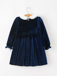 Load image into Gallery viewer, Christmas Tree Girls Navy Velvet Smocked Lace Dress
