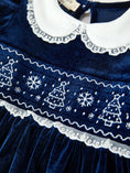 Load image into Gallery viewer, Christmas Tree Girls Navy Velvet Smocked Lace Dress
