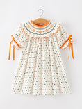 Load image into Gallery viewer, Halloween Pumpkin Smocked Girls Dress Polka Dot Ruffle Sleeve
