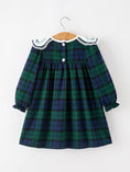 Load image into Gallery viewer, Christmas Girls Green & Navy Plaid Embroidered Collar Dress
