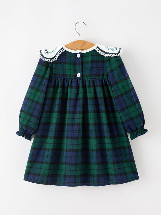 Christmas Girls Green & Navy Plaid Embroidered Collar Dress