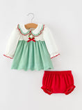 Load image into Gallery viewer, Baby Girls Christmas Green Plaid Embroidered Dress Top & Bloomer Set
