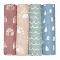 Load image into Gallery viewer, Muslin Swaddle Blankets in Sun, Rainbow, Rain & Doodle, 4 Pack
