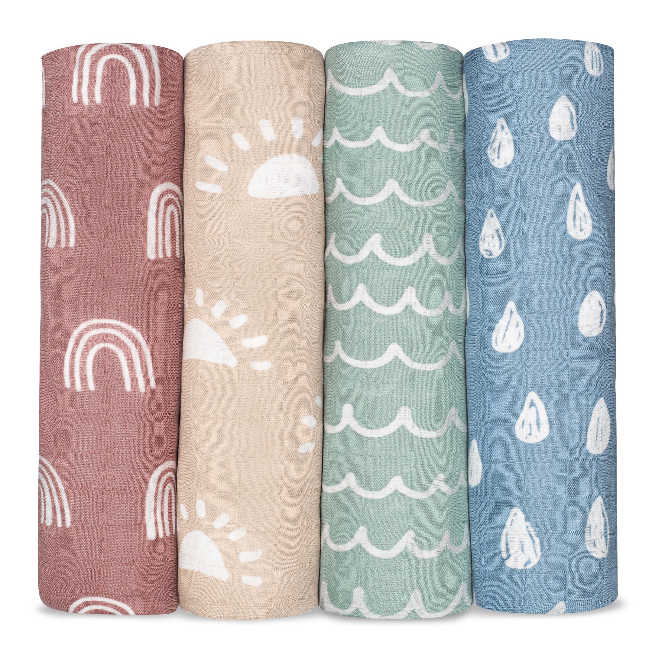 Muslin Swaddle Blankets in Sun, Rainbow, Rain & Doodle, 4 Pack