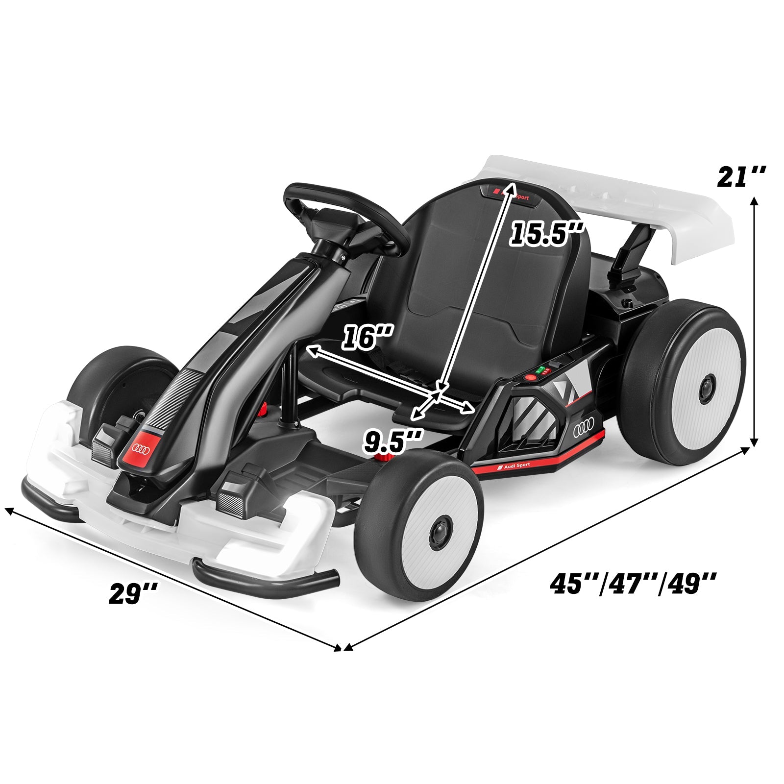 24V Kids Go Kart Licensed Audi Adjustable Ride on Racing Toy with Horn-Black & White