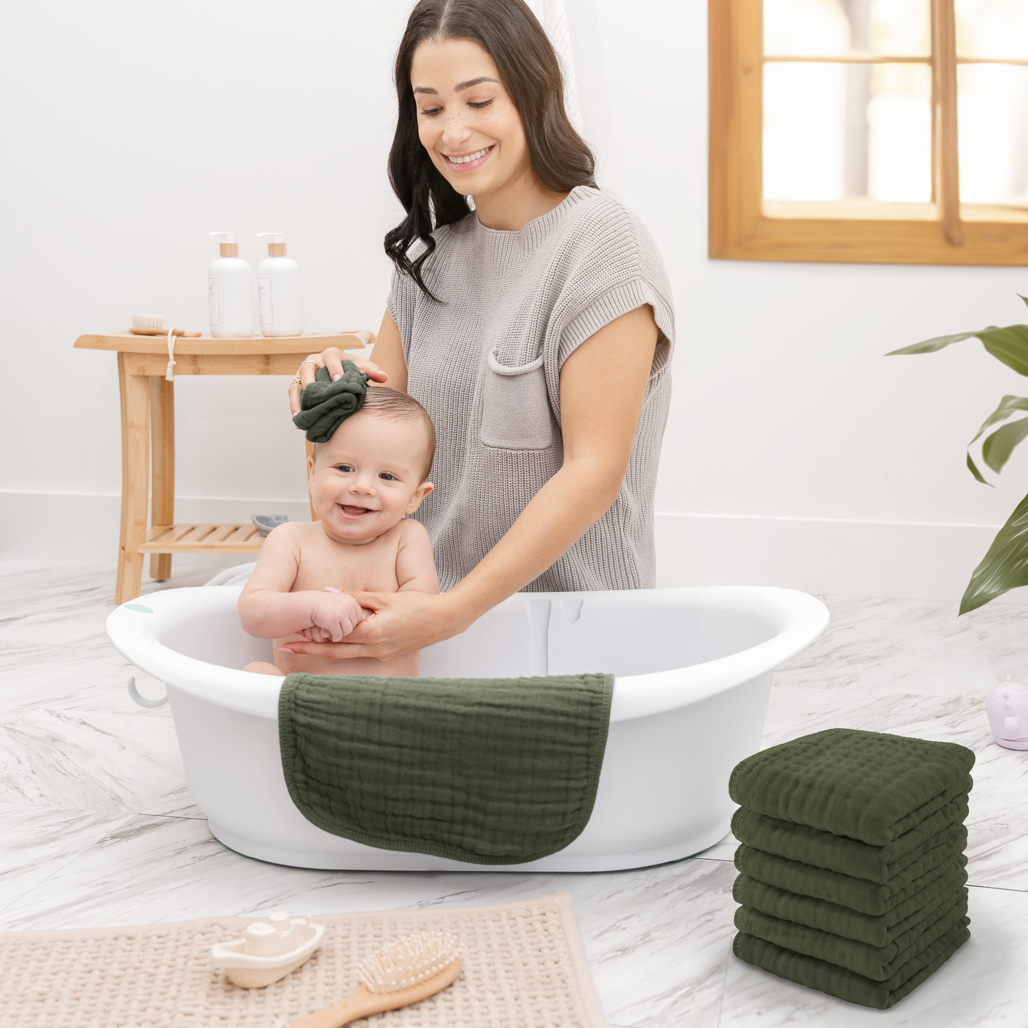Muslin Washcloths in Kelp