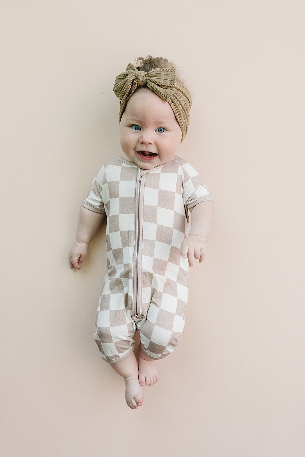 Bamboo Shorty Romper | Latte Checkered