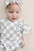 Load image into Gallery viewer, Short Sleeve Bubble Romper | Checkered Smiley Latte

