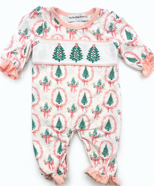 Pink Christmas Tree Embroidery Romper