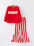 Load image into Gallery viewer, Christmas “MERRY” Applique Girls Striped Bell-bottom Pants Outfit Set
