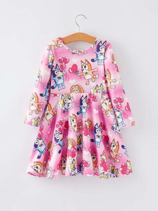 Character Print Pink Girls Long Sleeve Dress
