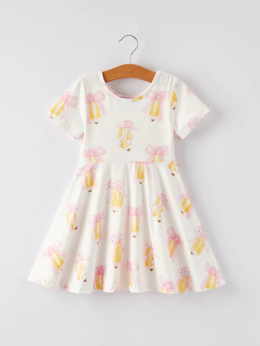 Back to School Bow Pencil Print Girls Dress