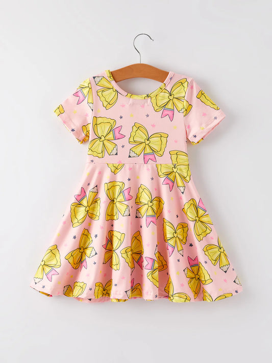 Back to School Yellow Bow Print Girls Dress