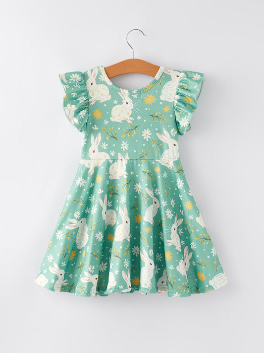 Easter Bunny Green Flying Sleeves Girls Dress