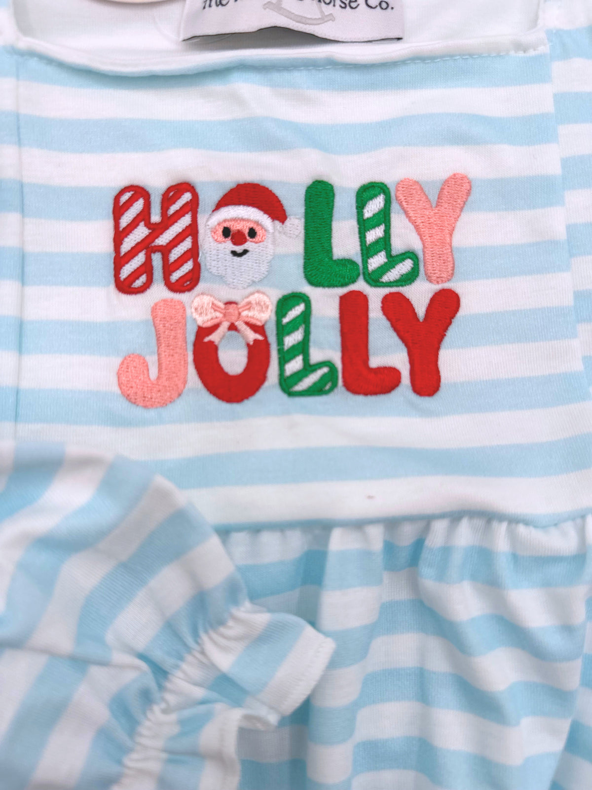 Blue Stripe Holly Jolly Embroidery Ruffle Onesie