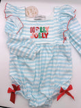Load image into Gallery viewer, Blue Stripe Holly Jolly Embroidery Ruffle Onesie

