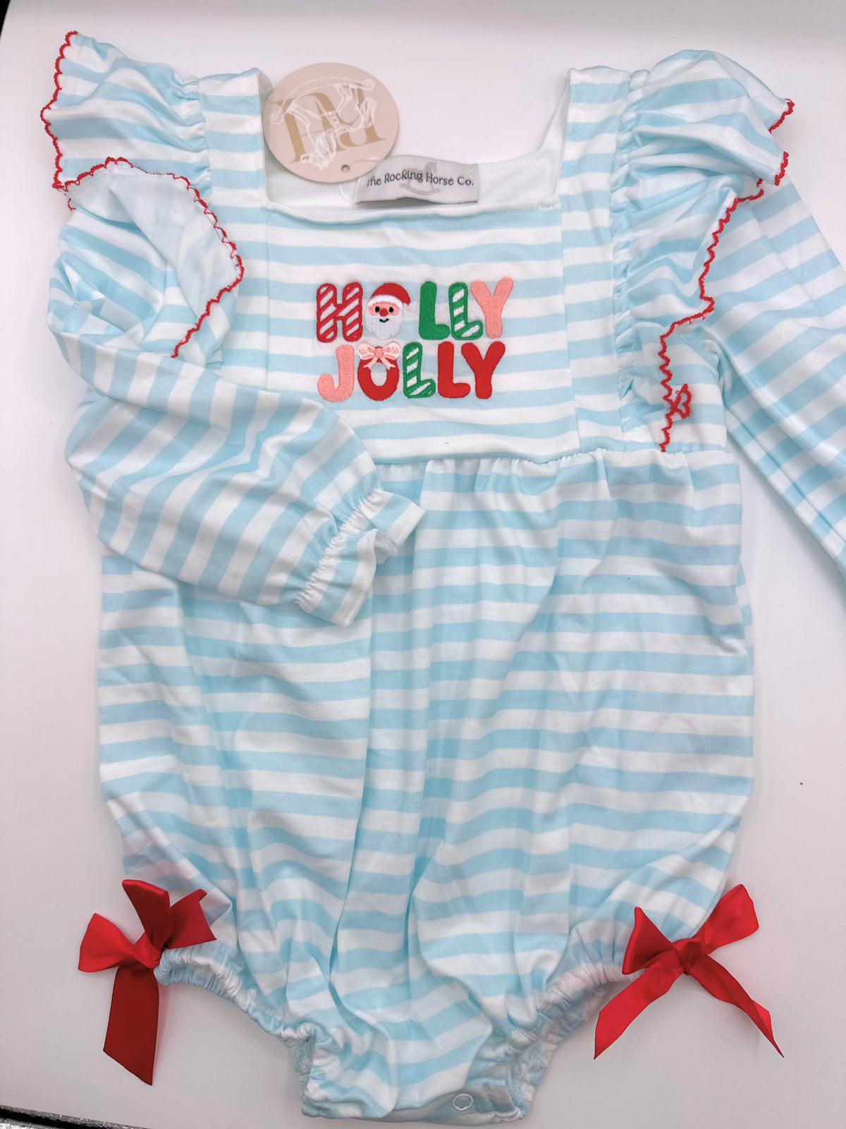 Blue Stripe Holly Jolly Embroidery Ruffle Onesie