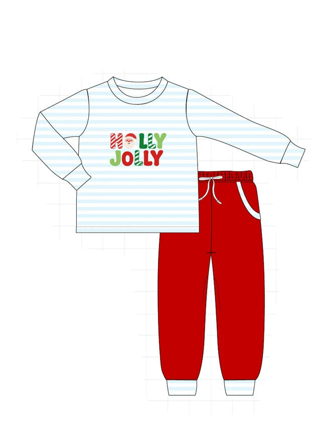 Blue Stripe Christmas Holly Jolly Embroidery Pants Set