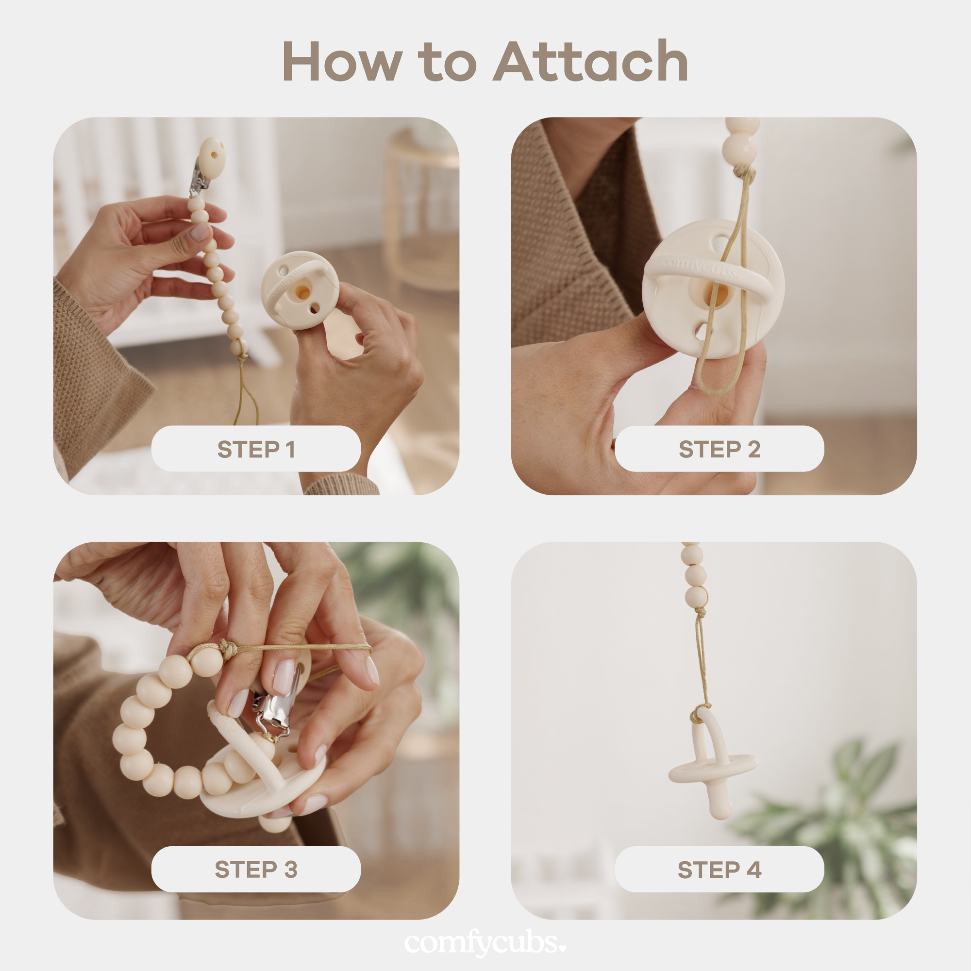 Pacifier Clips in Beige, Light Beige, & White, 2 Pack