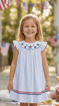 Load image into Gallery viewer, 4th of July Blue Striped Stars Smocked Bishop Dress
