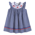 Load image into Gallery viewer, 4th of July Royal Blue Gingham American Flag Smocked Bishop Dress
