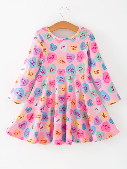 Toddler Girls Valentine Dress – Colorful Candy Heart Print Outfit
