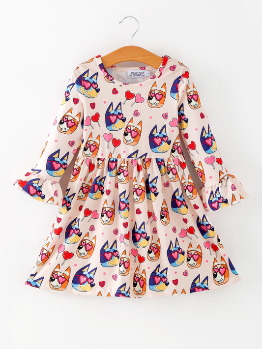Girls' Valentine's Day Character Print Love Lollipop Ruffle Sleeve Dress