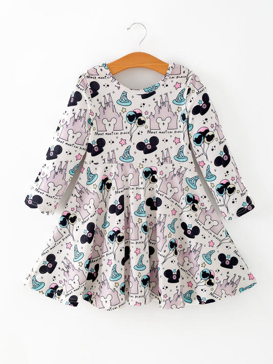 Valentine's Day Girls Castle Character Print Long Sleeve Dress
