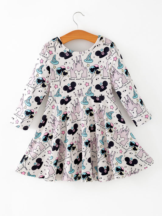 Valentine's Day Girls Castle Character Print Long Sleeve Dress