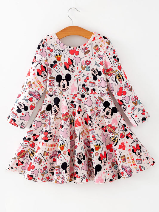 Valentine's Day Girls Balloon Fireworks Character Print Long Sleeve Dress