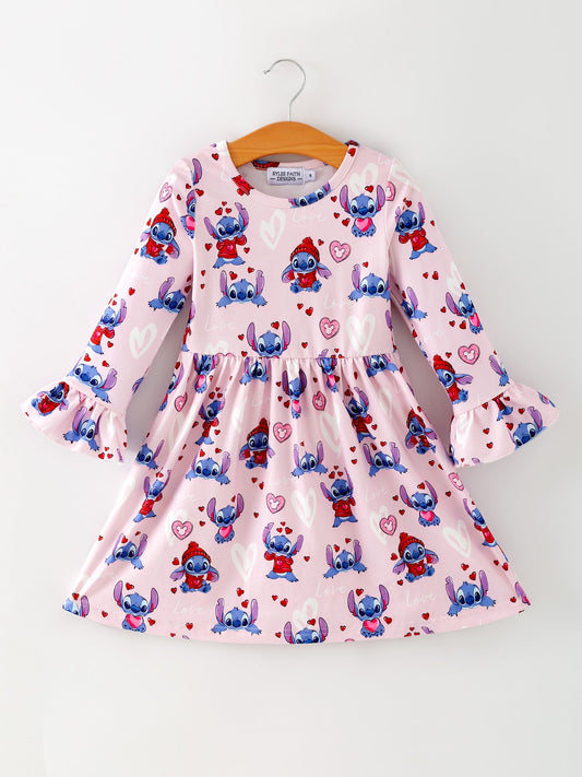 Girls' Valentine's Day Character Print Ruffle Sleeve Dress