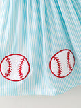 Load image into Gallery viewer, Girls Blue Striped Baseball Applique Smocked Dress Flutter Sleeves

