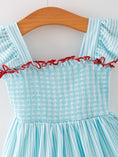 Load image into Gallery viewer, Girls Blue Striped Baseball Applique Smocked Dress Flutter Sleeves
