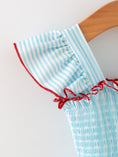 Load image into Gallery viewer, Girls Blue Striped Baseball Applique Smocked Dress Flutter Sleeves
