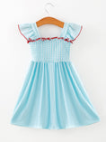 Load image into Gallery viewer, Girls Blue Striped Baseball Applique Smocked Dress Flutter Sleeves
