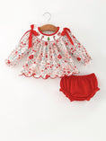 Load image into Gallery viewer, Christmas Red Floral Baby Girl Outfit Set Embroidery Bloomer Set
