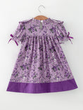 Load image into Gallery viewer, Purple Floral Girls Dress Bow Petal Collar Ruffle Hem Dress
