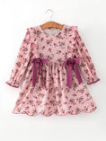 Load image into Gallery viewer, Fall Purple Rose Floral Girl Dress Bow Ruffle Long Sleeve Scalloped Hem
