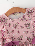 Load image into Gallery viewer, Fall Purple Rose Floral Girl Dress Bow Ruffle Long Sleeve Scalloped Hem
