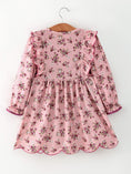 Load image into Gallery viewer, Fall Purple Rose Floral Girl Dress Bow Ruffle Long Sleeve Scalloped Hem
