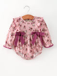 Load image into Gallery viewer, Fall Purple Floral Baby Girl Romper Bow Ruffle Long Sleeve
