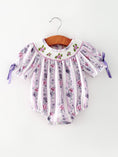 Load image into Gallery viewer, Fall Purple Floral Smocked Embroidered Baby Girl Romper
