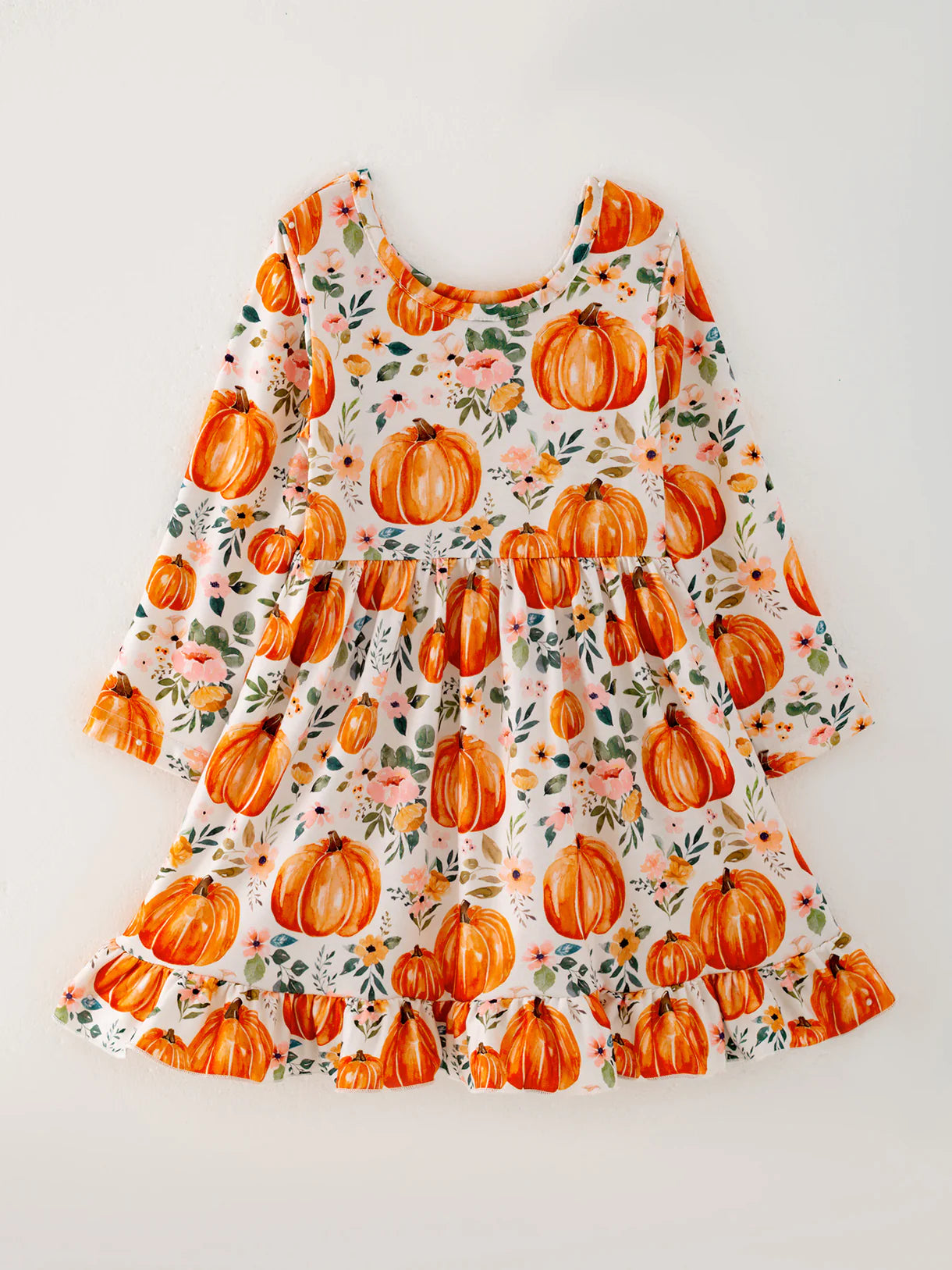 Girls FALL Pumpkin Print Long Sleeve Dress