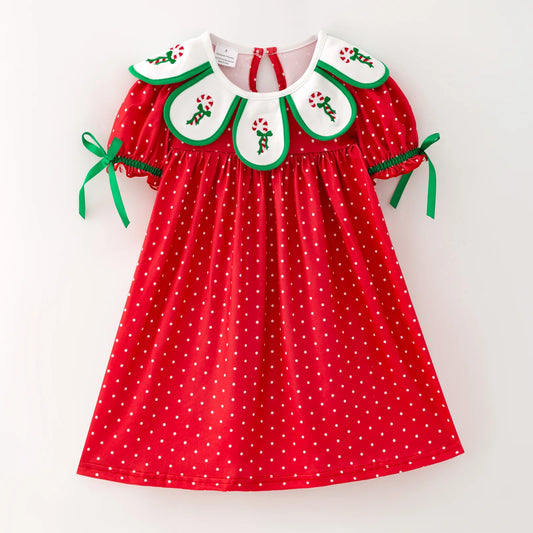Girls Christmas Embroidery Petal Collar Dress