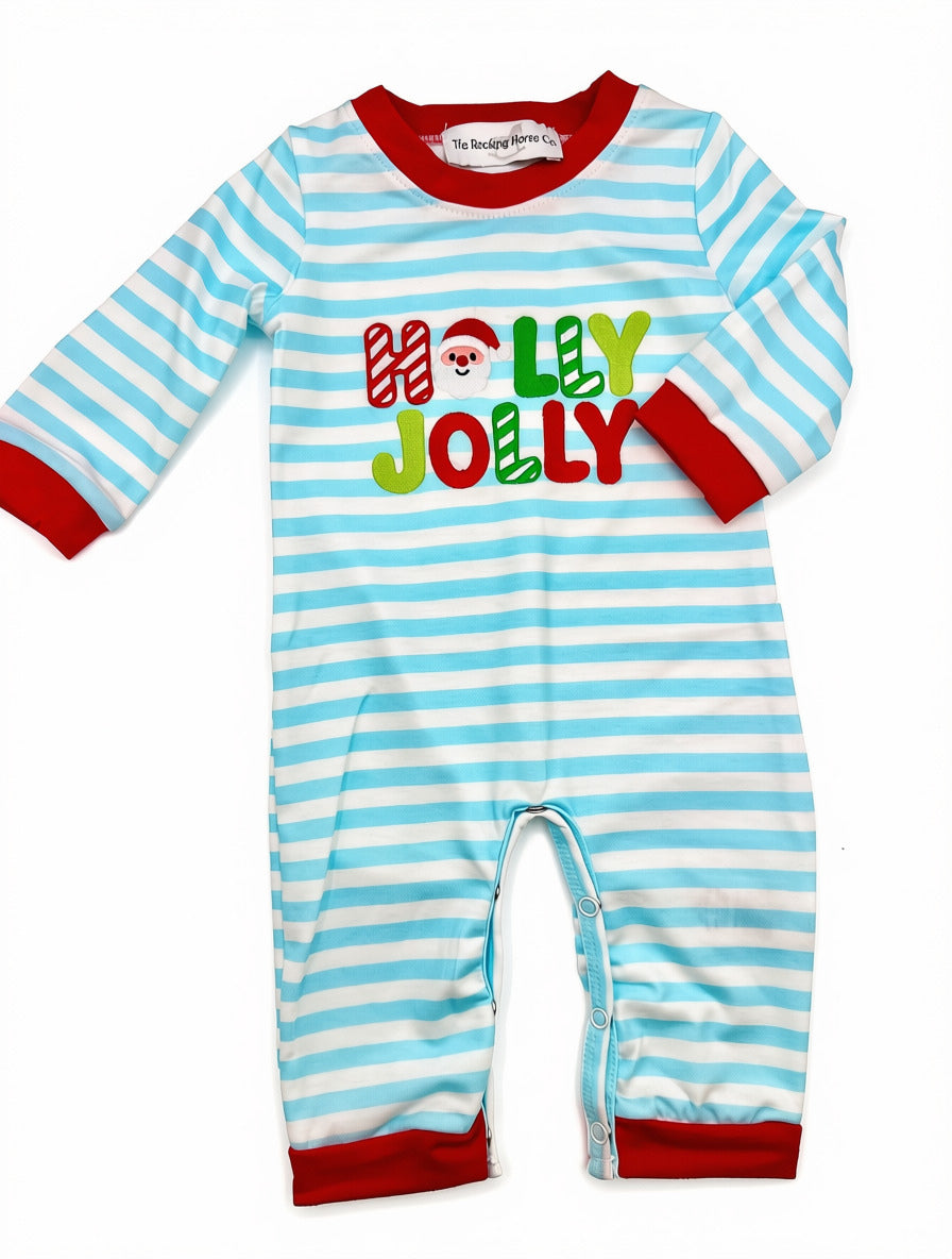 Blue Stripe Holly Jolly Romper