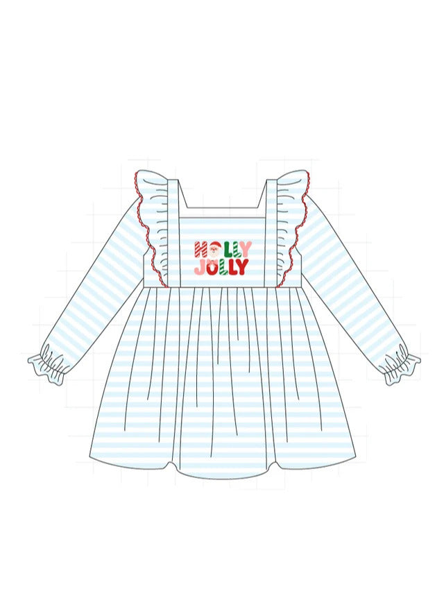 Blue Stripe Holly Jolly Embroidery Dress